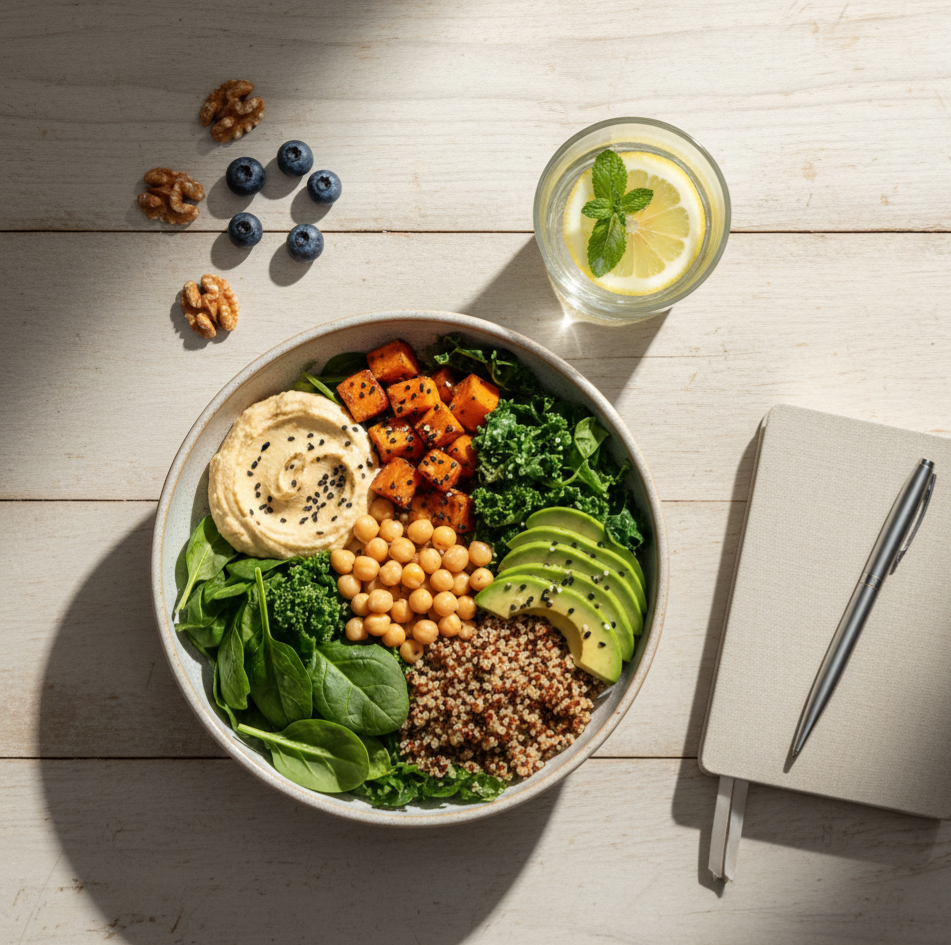Zdrowy posiłek wegetariański typu Buddha Bowl z hummusem, awokado i ciecierzycą obok szklanki wody i notesu, symbolizujący wsparcie w psychodietetyce i stabilizację poziomu cukru.