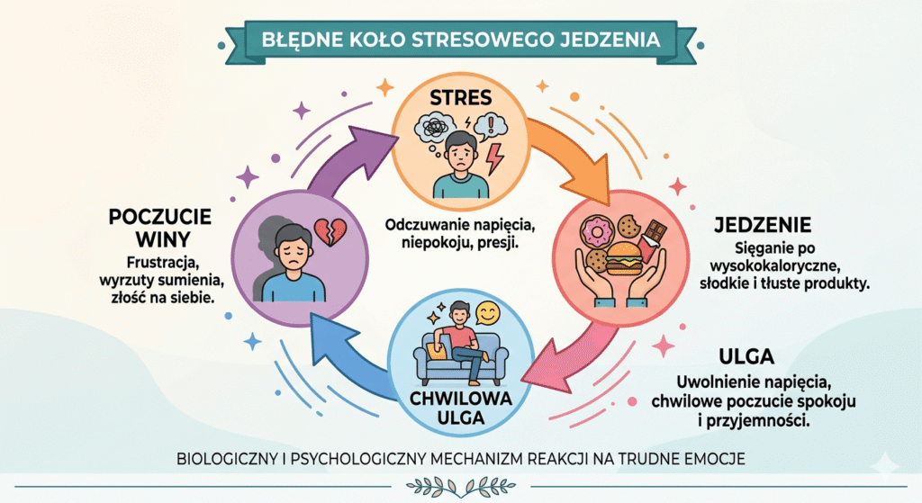 Infografika przedstawiająca błędne koło mechanizmu stres a tycie. Diagram kołowy ilustruje etapy: odczuwanie napięcia (stres), sięganie po wysokokaloryczne przekąski (jedzenie), krótki moment uspokojenia (chwilowa ulga) oraz następcze wyrzuty sumienia (poczucie winy), które ponownie potęgują stres.