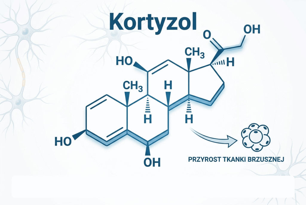 Grafika przedstawiająca strukturę cząsteczki kortyzolu, wyjaśniająca jak stres wpływa na tycie poprzez mechanizmy hormonalne