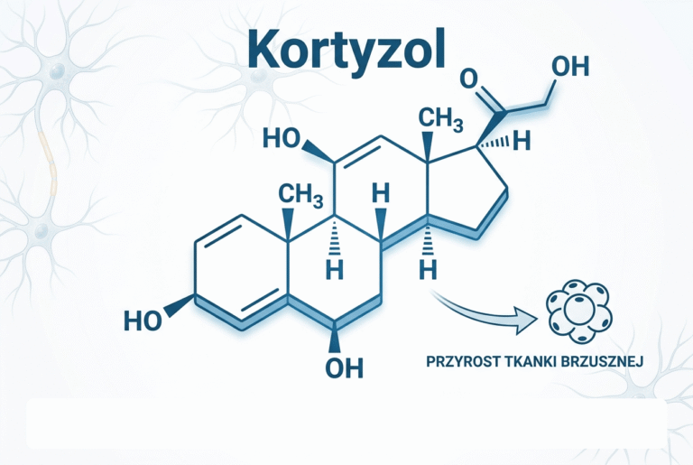 Grafika przedstawiająca strukturę cząsteczki kortyzolu, wyjaśniająca jak stres wpływa na tycie poprzez mechanizmy hormonalne