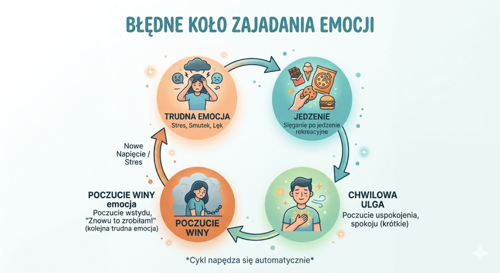 Przejrzysta infografika, która dąży do zrozumienia, jak przestać zajadać emocje, przedstawiając błędne koło jedzenia emocjonalnego.